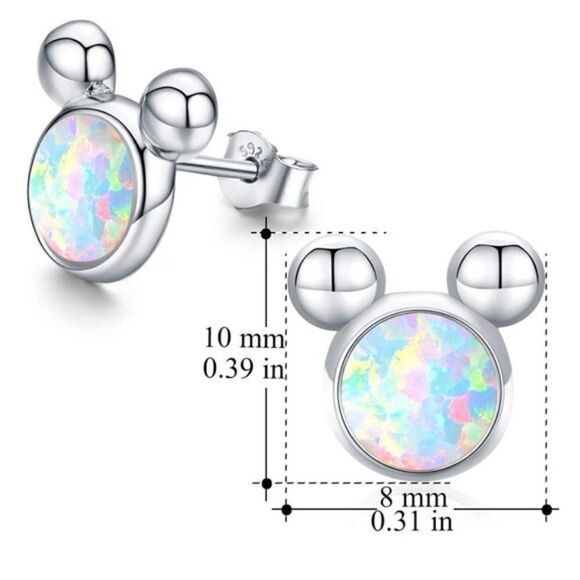 .925 Sterling Silver and White Fire Opal Mickey Mouse Post Back Stud Earrings - Picture 6 of 6